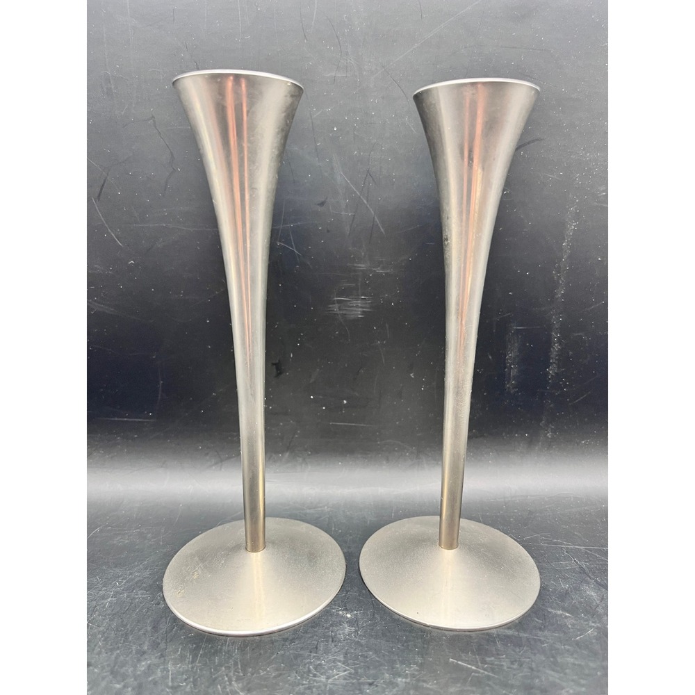 Pair Solingen Modern Trumpet Silver Tone Metal Candlesticks 6" MCM Germany Vtg